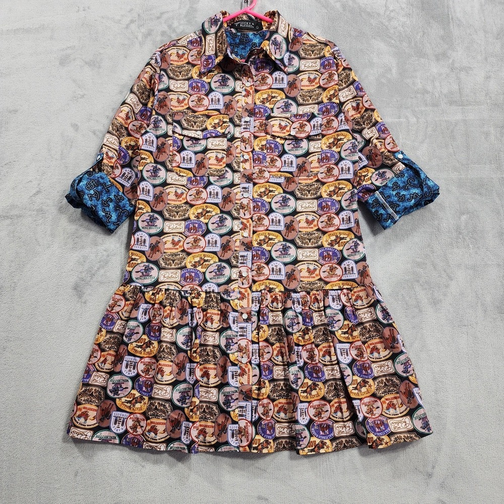 NEW Lucky & Blessed Dress Womens L Multicolor Rodeo Graphic Shirt Ruffle Western